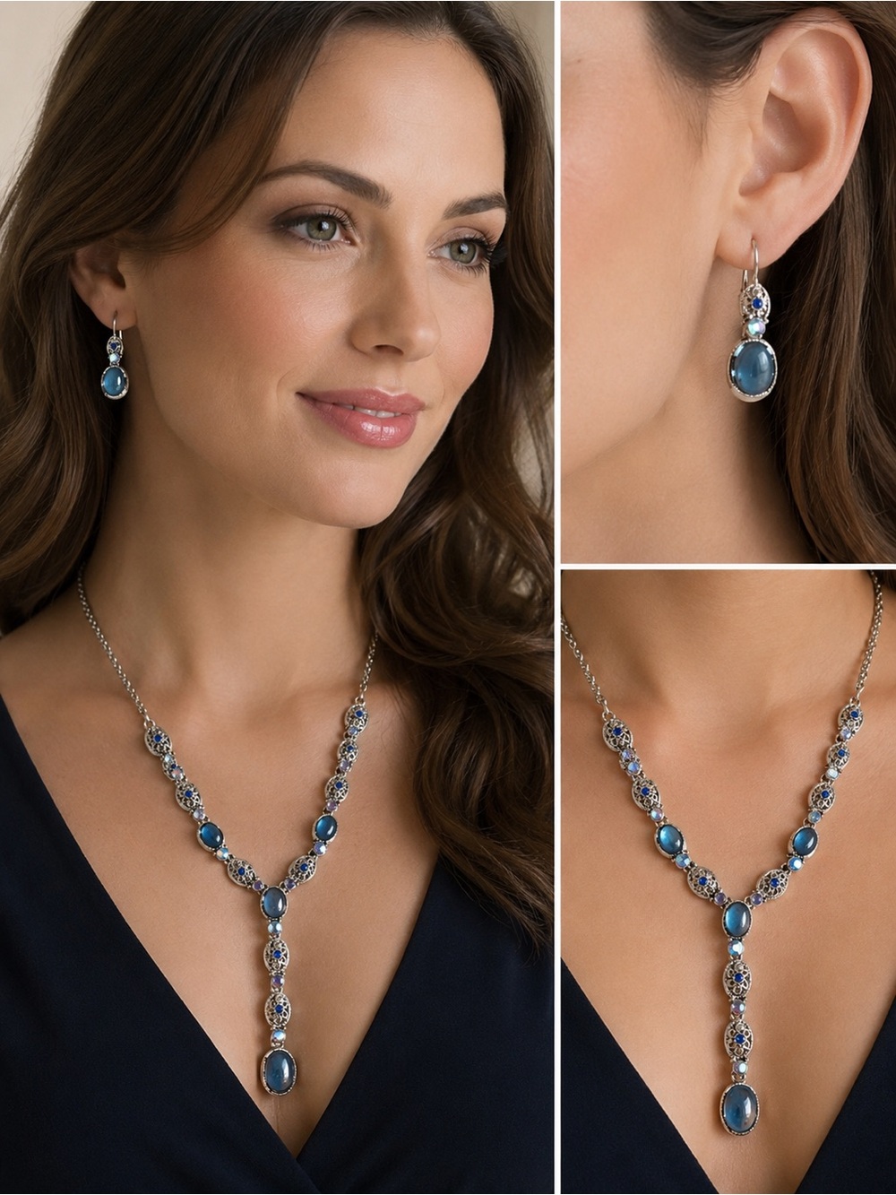 Avon Blue Cabochon & Aurora Borealis Y Necklace Earrings Set Silver Tone